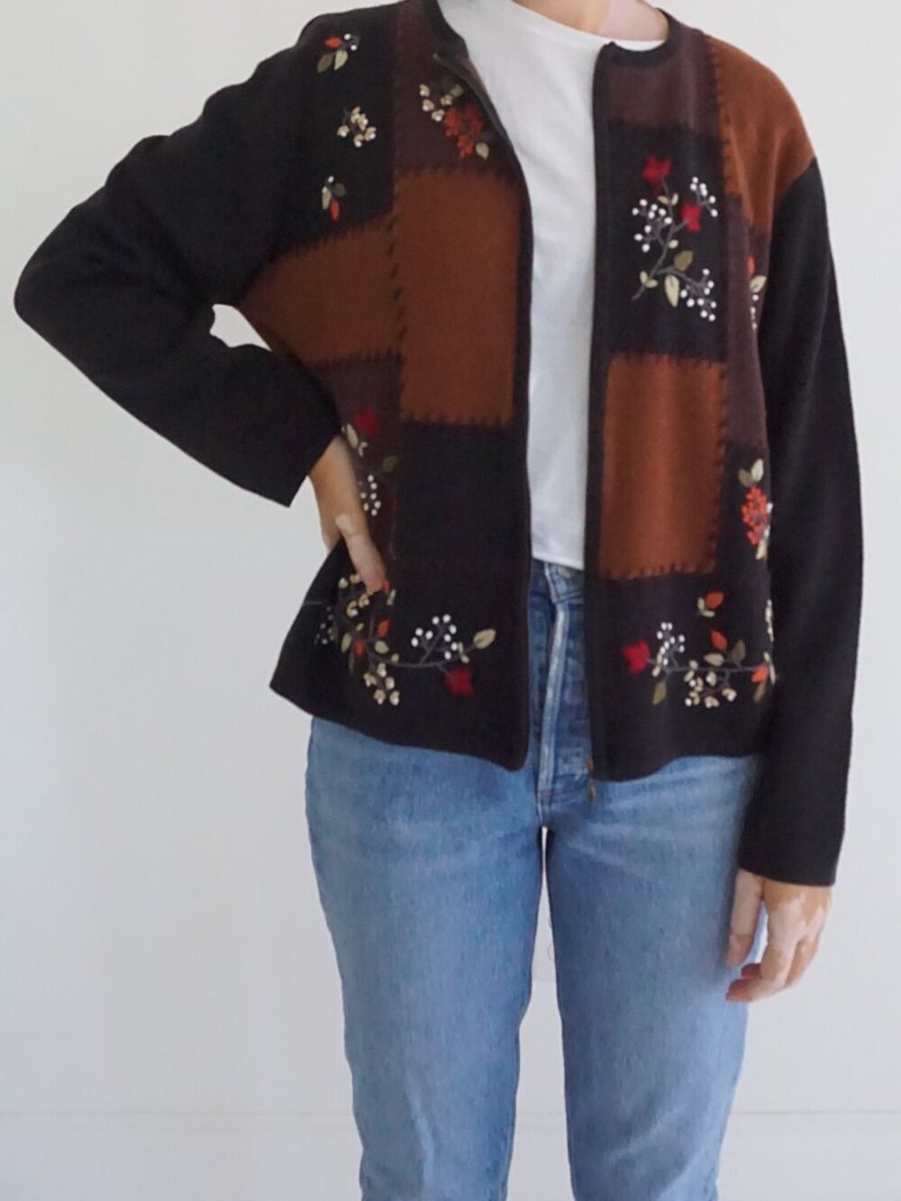 Vintage Dressbarn Brown Black Patchwork Floral Embroidered Zip Cotton Cardigan L